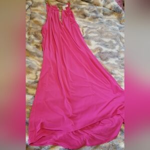 Michael Kors Vibrant Pink Halter Dress with Gold Chain, Medium